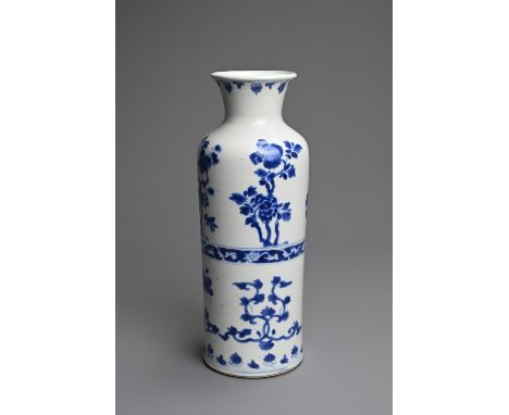 A CHINESE BLUE AND WHITE PORCELAIN VASE, EARLY 18TH CENTURY. Cylindrical body on gently everted foot with fluted rim. Finely 