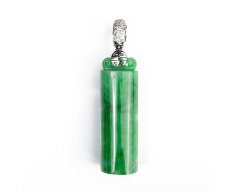 A CHINESE JADEITE HAT PENDANT, MOUNTED IN 18CT WHITE GOLD WITH DIAMONDS. The jadeite of cylindrical form with hollowed sectio