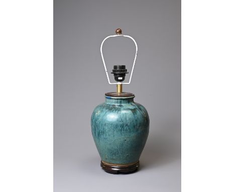 A CHINESE OVIFORM FLAMBE VASE ADAPTED AS A LAMP ON WOODEN BASE. Glazed in mottled blue/green, on wooden base and with later f