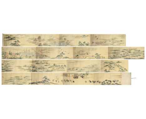 15 METER LONG SCROLL, JAPANESE 19/20TH CENTURY. Depicting hunting scenes including fabrics bearing the Tokugawa clan mon, han