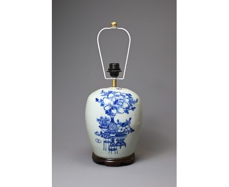 A LATE 19TH/EARLY 20TH CENTURY CHINESE PORCELAIN BLUE AND WHITE OVIFORM JAR AND COVER ADAPTED AS A LAMP. Painted with jardini