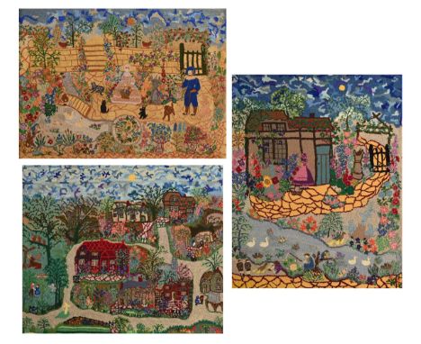 THREE EARLY 20TH CENTURY WOOL WORK AND SILK EMBROIDERED PICTURES. Depicting a couple in landscape with cottages, one with the