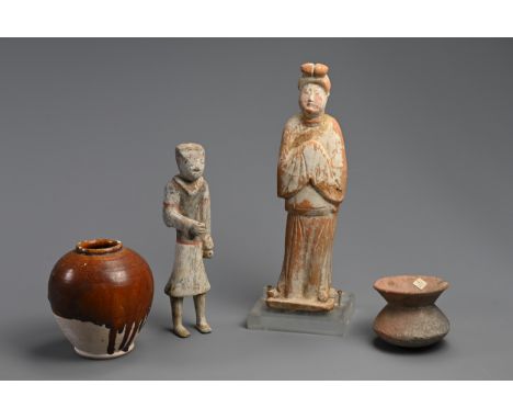 A CHINESE HAN DYNASTY (206 BC-220 AD) PAINTED POTTERY TOMB FIGURE OF AN ATTENDANT, A TANG DYNASTY (618-907 AD) POTTERY TOMB F