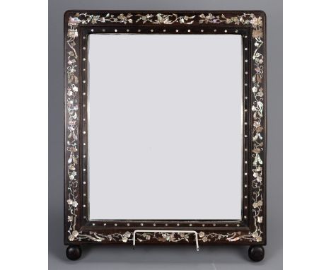 A LARGE CHINESE HARDWOOD MOTHER OF PEARL INLAID MIRROR, EARLY 20TH CENTURY. Of rectangular form, decorated to the frame with 
