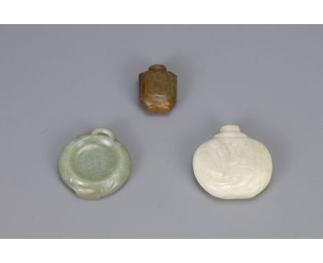 THREE CHINESE CARVED JADE ITEMS, to include two snuff bottles and one brush washer in the form of a censer, largest width app