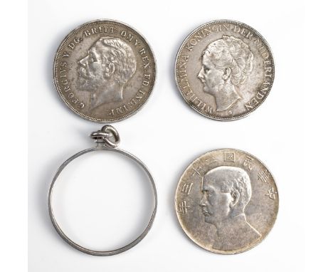 THREE SILVER COINS. To include a Chinese silver dollar, 1934 Republic Period, featuring Sun Yat Sen, weight 26.8g; A George V