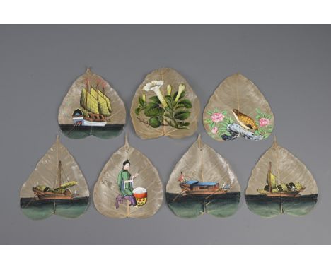 CHINESE SCHOOL, BODHI TREE LEAF PAINTINGS, 19/20TH CENTURY. Gouache on Peepal leaves of botanical study, boats, quail and lad