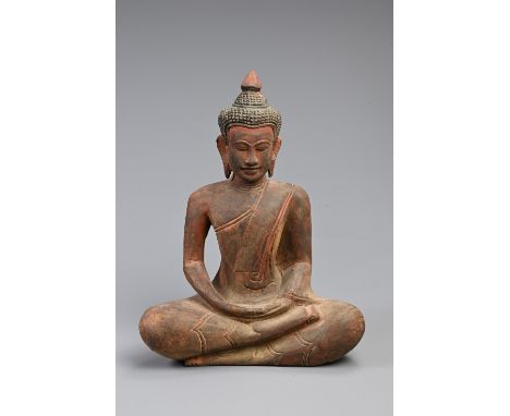 A 20TH CENTURY THAI RED PAINTED WOODEN STATUE OF A BUDDHA. In bhumisparsha mudra, with hands cupped, wearing draped robes. 32