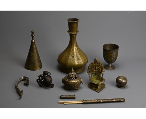 A GROUP OF MIXED METAL ITEMS, INDIAN AND SOUTH EAST ASIAN. Comprising a bronze hookah base; An oil lamp base; A silver inlaid
