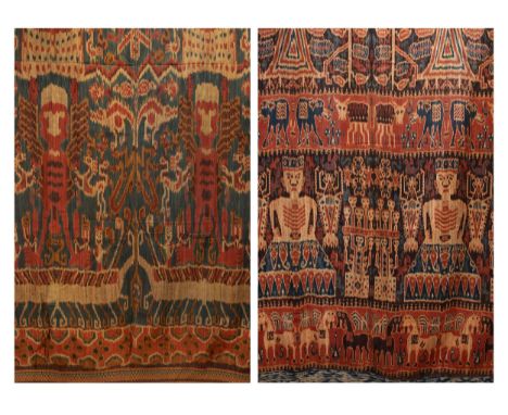 TWO 20TH CENTURY INDONESIAN (SUMBA) COTTON IKAT HINGGI. The first woven with bands of figures, cattle, horses, trees and hone