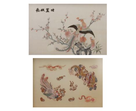 TWO 20TH CENTURY CHINESE FRAMED SILK EMBROIDERIES. The first depicting a pheasant amongst flowering prunus, titled in black c