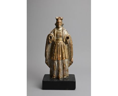 A CARVED WOODEN FIGURE OF MADONNA, PROBABLY SPANISH SCHOOL, 18/19TH CENTURY. With traces of gilding mounted on wooden base. 2