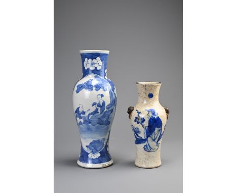 TWO CHINESE PORCELAIN BALUSTER VASES, 19/20TH CENTURY. A blue and white vase decorated with lady and boy in a garden scene; T