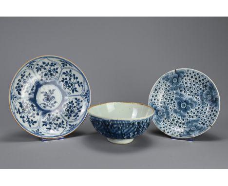 A CHINESE PORCELAIN KANGXI (1661-1722) BLUE AND WHITE DISH, A PEONY DISH AND A BOWL. The first painted with flowersprays with