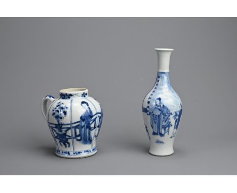 TWO CHINESE BLUE AND WHITE PORCELAIN ITEMS, EARLY 18TH CENTURY. To include a bottle vase decorated with scene from Xi Xiangji