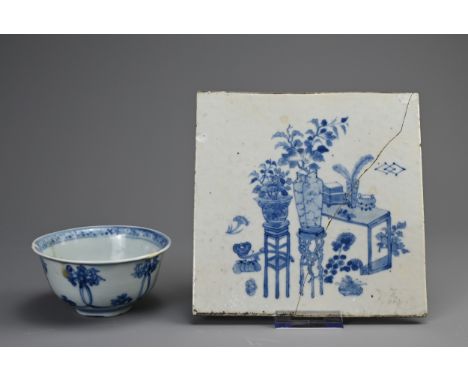 TWO CHINESE BLUE AND WHITE PORCELAIN ITEMS, MING / QING DYNASTY. To include a bowl decorated with scrolling floral stems, lat