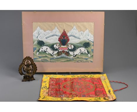 A GROUP OF TIBETAN ITEMS, 20TH CENTURY. To include a bronze figure seated holding ritual items; Together with a hanging thang