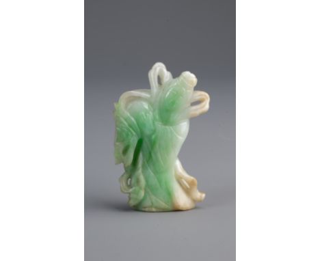 A CHINESE JADE FIGURE OF GUANYIN, 19/20TH CENTURY. Standing dressed in robes. Weight 36.8 grams. Height 5.5cm Losses to one s