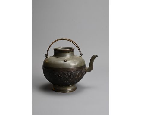 A 19TH CENTURY CHINESE PEWTER-MOUNTED CARVED COCONUT TEAPOT, COVER AND LINER. Carved in low relief with Shou emblems and prev