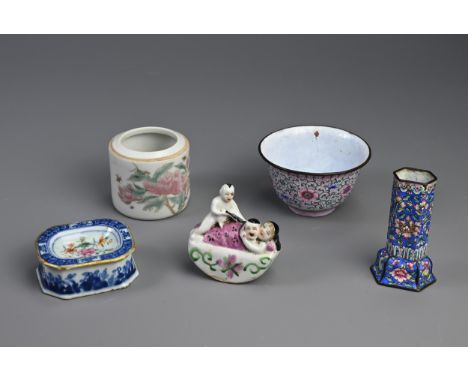 AN 18TH CENTURY CHINESE EXPORT PORCELAIN TRENCHER SALT, A CANTON ENAMEL HEXAGONAL TAPER STICK HOLDER, A BOWL, A CHINESE PORCE