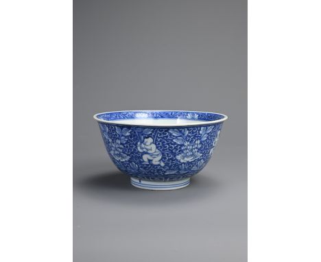 A CHINESE BLUE AND WHITE PORCELAIN BOYS BOWL, 18TH CENTURY. Rounded body with gently everted rim decorated to the exterior wi