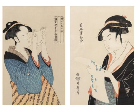 A PAIR OF JAPANESE WOODBLOCK PRINTS, AFTER KITAGAWA UTAMARO (1754-1806). The first, Woman Reading a Letter, from the series T