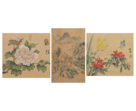 THREE 20TH CENTURY FRAMED CHINESE SILK PAINTINGS. The first depicting a figure in a boat on a lake in mountainous landscape, 