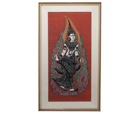 A THAI PAINTING ON SILK OF GODDESS, 20TH CENTURY. Dressed in traditional clothing wearing a headdress, standing on top of a N