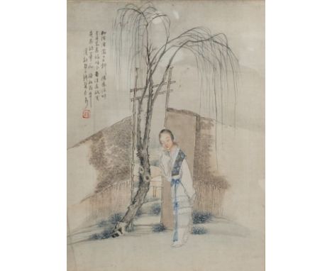 QIAN HUI'AN (1833-1911), QING DYNASTY. Chinese watercolour painting on silk depicting a lady in a winter moonlit garden scene