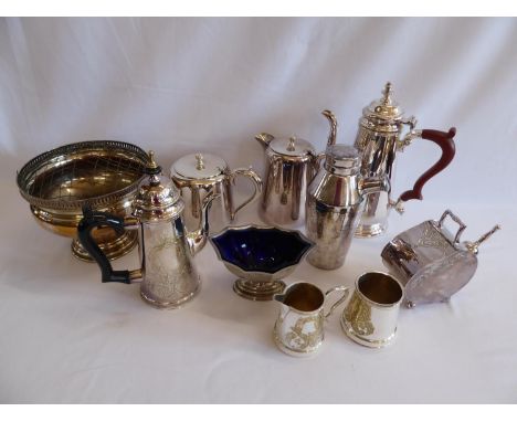 Silver plated coffee set, teapots, cocktail shaker etc.