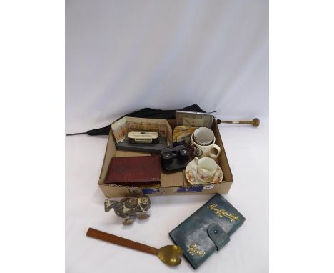 Silver handled manicure set (missing scissors), victorian enamel beaker, ACME whistles, Smiths electric mantel clock etc.