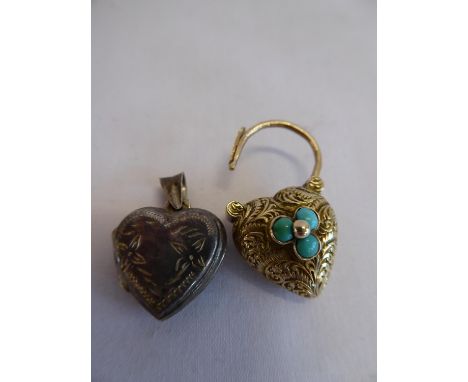 Gold? turquoise heart shaped fob and a silver locket (2)