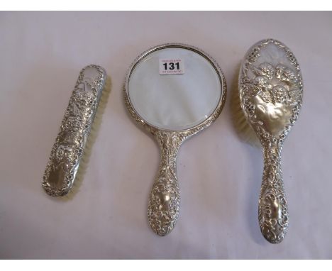 Repousse silver cherub pattern mirror and brush set - B'ham 1958