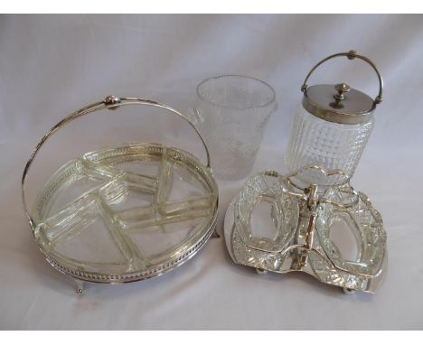 Walker and Hall silver plated glass hors d'ouvres dish, frosted glass ice bucket, biscuit barrel etc (4)