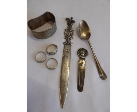 Sundry silver items - rings, napkin ring, paper knife etc.