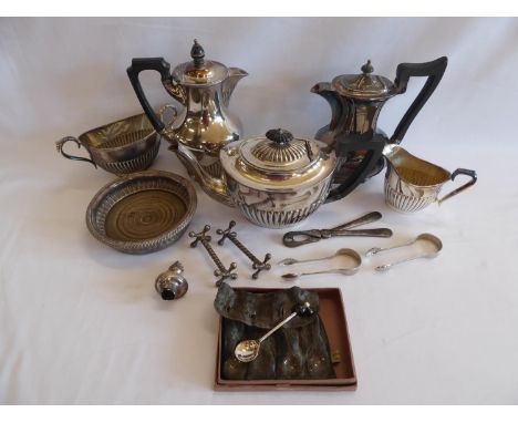 Silver plated tea set, coffee pots, bottle, coaster etc.