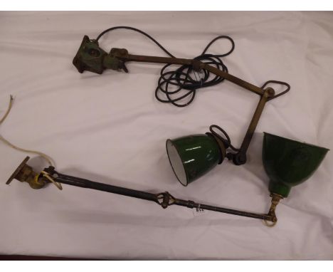 Vintage industrial angle poise bench lamps with green enamel shades - Revo and another