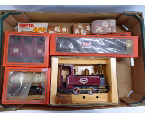 The Mamod Steam Company maroon SL3 engine RW5 carriage, log wagon, track and fuel pellets (boxed)