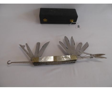 Stan Shaw mother of pearl handled exhibition multi tool penknife with eleven blades stamped William Rogers, Sheffield and 'cu