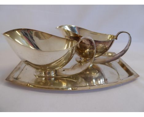 Pair stylish deco style silver plated sauce boats on tray - stamped CWFs EPNS 4506