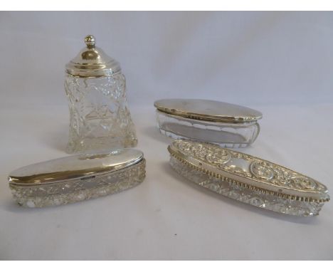 Silver topped cut glass trinket boxes and jam pot (4)