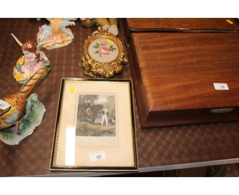Two small embroideries, each depicting flowers contained in cherub decorated frames; together with a 19th Century print entit