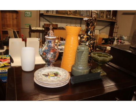 An orange glazed pottery vase; together with an oriental decorated coffee pot; various plates etc. 