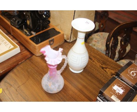 An opaque glass vase with Greek key style decoration; and a Victorian glass jug 