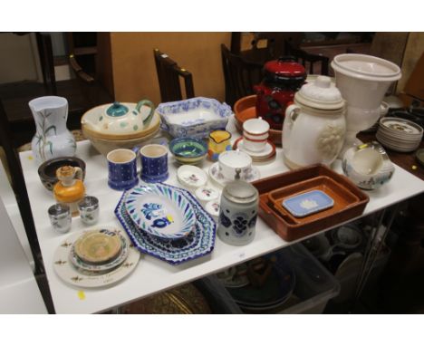 A white glazed urn shaped vase; together with various kitchenalia; mixing bowls etc. 