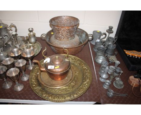 A copper preserve pan; together with an Eastern vase  AF; a brass embossed tray etc. 