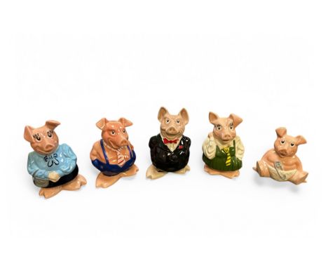 Wade Pigs Piggy Banks, Five in total. Small chip to glazing to the base of the pig in black jacket (see photo) but generally 