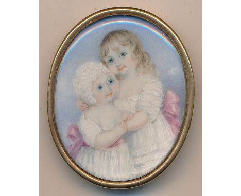 English School (18th / 19th Century),Miniature portrait of two embracing children,Watercolour on ivory.Unsigned. Gilt metal f