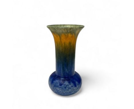 Ruskin Pottery Trumpet Form Vase, flared neck with bulbous base mottled green over apricot and blue, 1932 Ruskin England inci