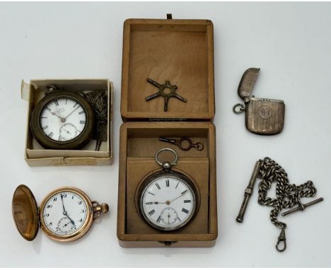 Three pocket watches and a vesta case. A gold plated full hunter pocket watch, manual wind, missing crystal, case diameter 46